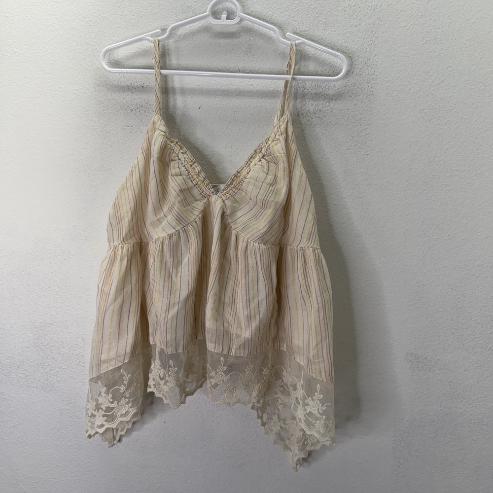 Jessica Simpson Tank Top SZ L Babydoll Fairy Y2K Beachy Lace Trim Striped Cami